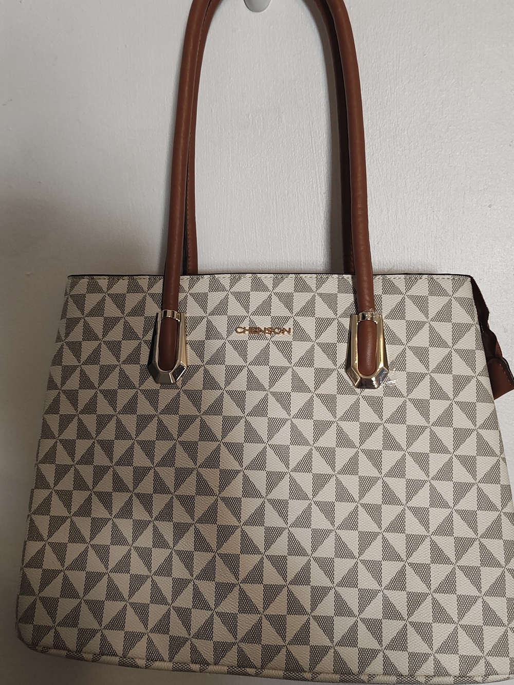 Beige Geometric Tote with Brown Handles